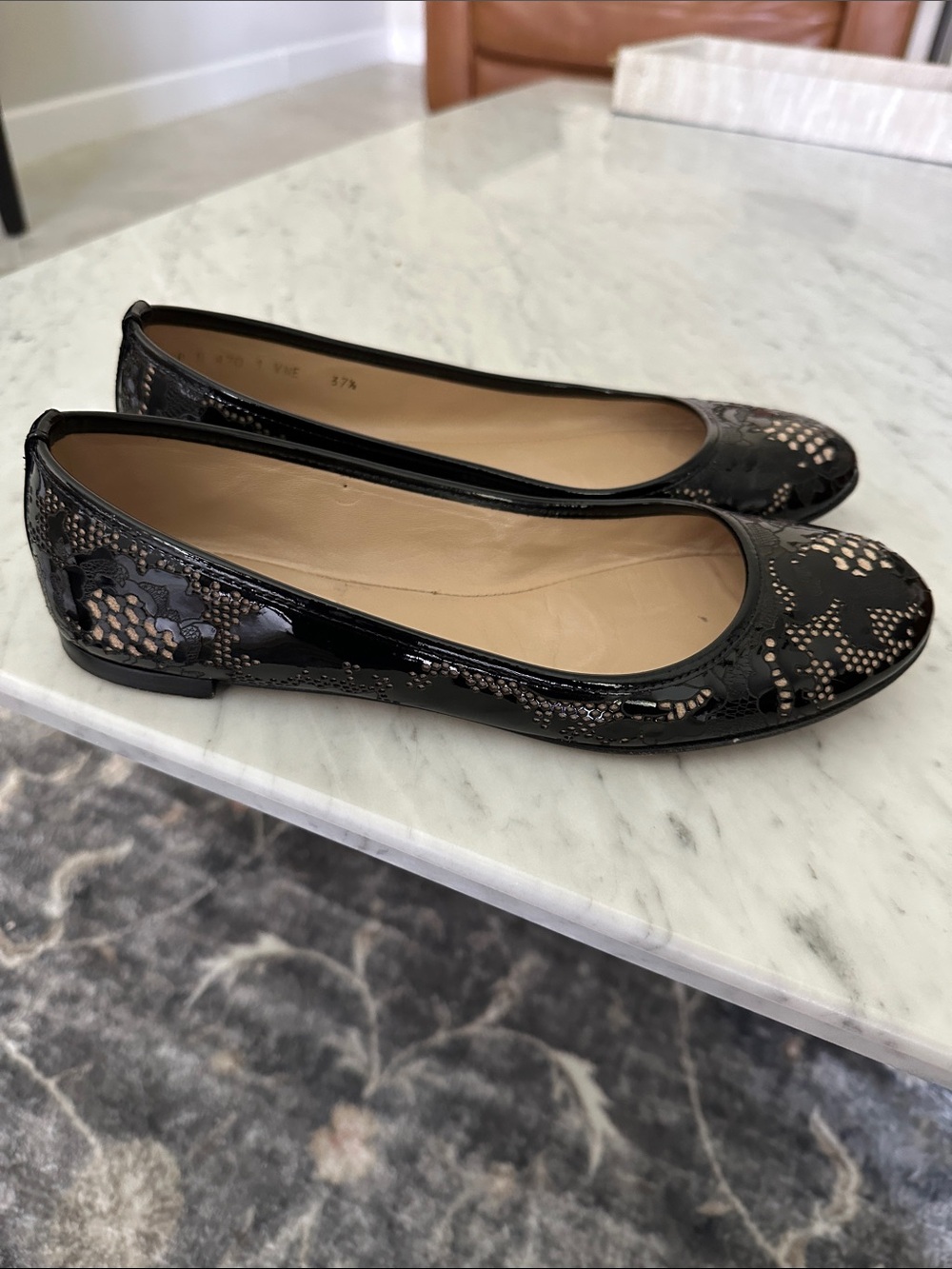 Valentino Size 37.5 Black Patent Leather Lace-Overlay Ballet Flats